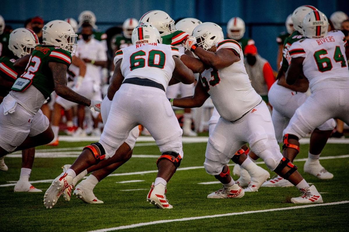 University of Miami offensive lineman Zion Nelson (60) and Jakai Clark (53) block during the Hurricanes second scrimmage on Saturday, August 22, 2020.