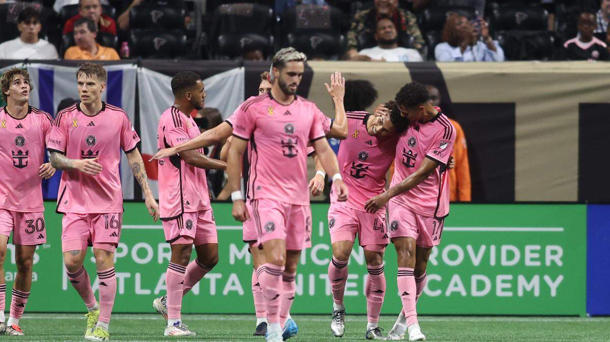 Sep 18, 2024; Atlanta, Georgia, USA; Inter Miami CF midfielder David Ruiz (41) celebrates with defender Ian Fray (17) after scoring a goal in the first half against Atlanta United at Mercedes-Benz Stadium. Mandatory Credit: Brett Davis-Imagn Images