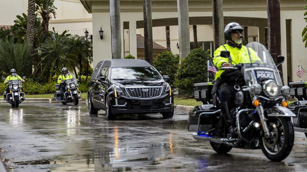 A hearse leaves the funeral service for Coral Springs Vice Mayor Nancy Metayer Bowen at Church By The Glades on Friday, April 17, 2026, in Coral Springs, Fla.