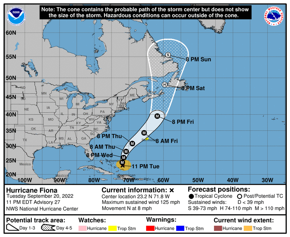 Hurricane Fiona’s forecast cone as of the National Hurricane Center’s 11 p.m. advisory.