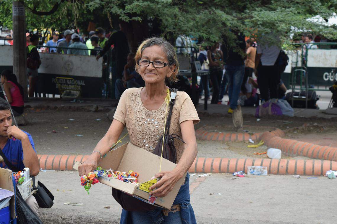 Aneida Gómez, 63, from eastern Venezuela, sells candy on the streets of Cúcuta, Colombia, in hope of making enough money to buy “real food” — fruit and vegetables — to take home. She said that Venezuelan leader Nicolás Maduro was either blind or a liar for denying there was a humanitarian crisis in that country.