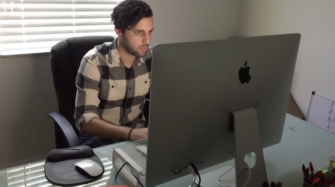 Joseph Nay is part of the gig economy: Nay is a web developer, a web designer and a motion graphics artist and editor. He has a triple arsenal of freelance skills. Nay works out of his Hollywood home office in August 2017.