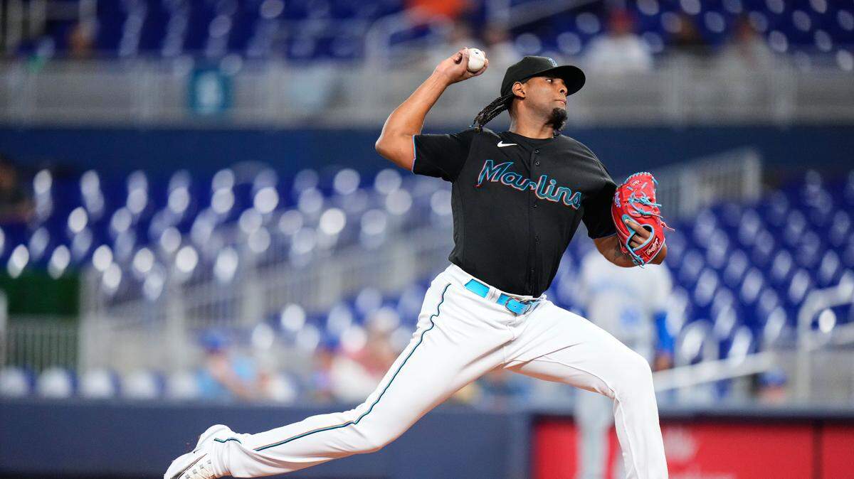 Jun 7, 2023; Miami, Florida, USA; Miami Marlins starting pitcher Edward Cabrera (27) throws a pitch against the Kansas City Royals during the first inning at loanDepot Park. Mandatory Credit: Rich Storry-USA TODAY Sports