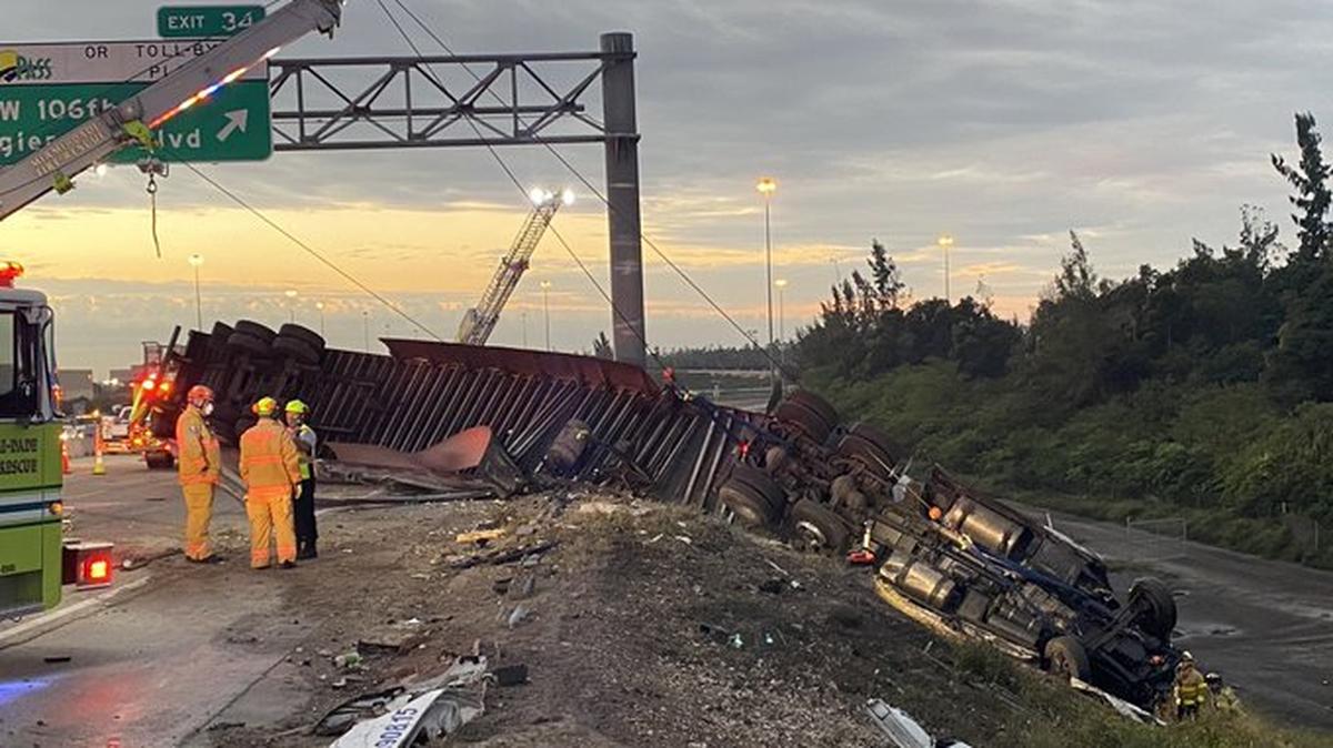 The tractor-trailer involved in the crash with three other cars and SUVs Wednesday morning on the Florida Turnpike