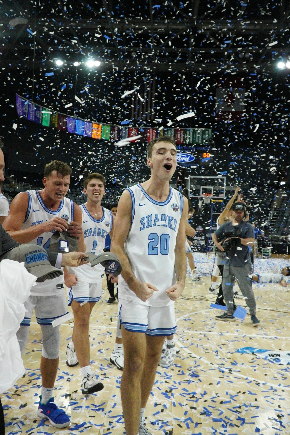NSU men’s basketball player Will Yoakum, the team’s leading scorer this season, celebrates after the Sharks won their first national championship this past Saturday in Evansville, Indiana.