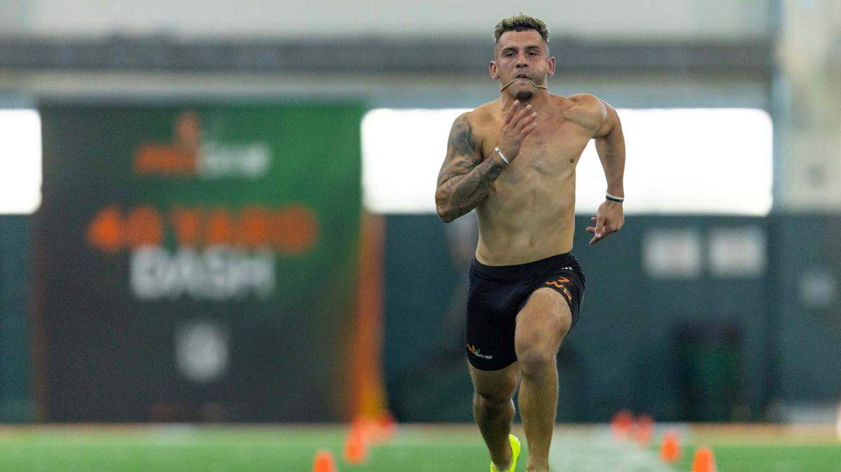 Former Hurricanes wide receiver Xavier Restrepo runs the 40-yard dash during University of Miami’s Pro Day at Carol Soffer Indoor Practice Facility on Monday, March 24, 2025, in Miami, Florida.