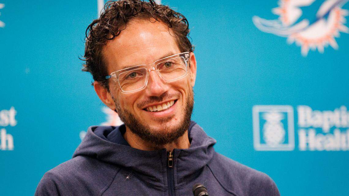 Miami Dolphins Head Coach Mike McDaniel speaks during before practice on Monday, Aug. 26, 2024, at Baptist Health Training Complex at the Hard Rock Stadium in Miami Gardens, Fla.