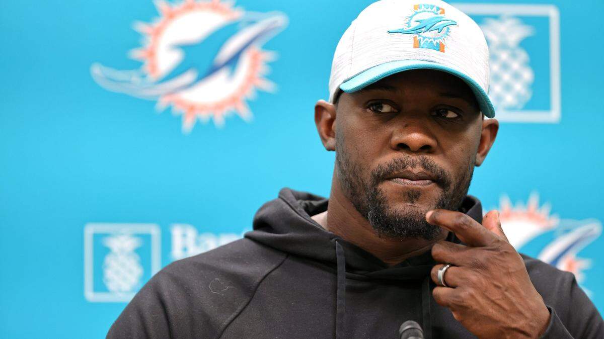 Miami Dolphins head coach Brian Flores talks to the media before practice at Baptist Health Training Complex in Hard Rock Stadium on Wednesday, October 20, 2021 in Miami Gardens, Florida, in preparation for their game against the Atlanta Falcons at Hard Rock Stadium on Sunday, October 24.