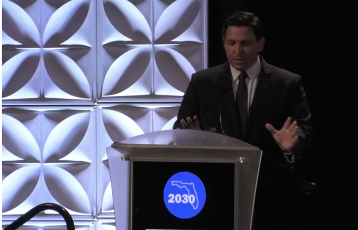 Gov. Ron DeSantis spoke to the Florida Chamber’s annual meeting and Future of Florida Forum in Orlando on Thursday, Oct. 26, 2021. He criticized what he called “the rise of corporate wokeness” among companies that take sides on political issues.