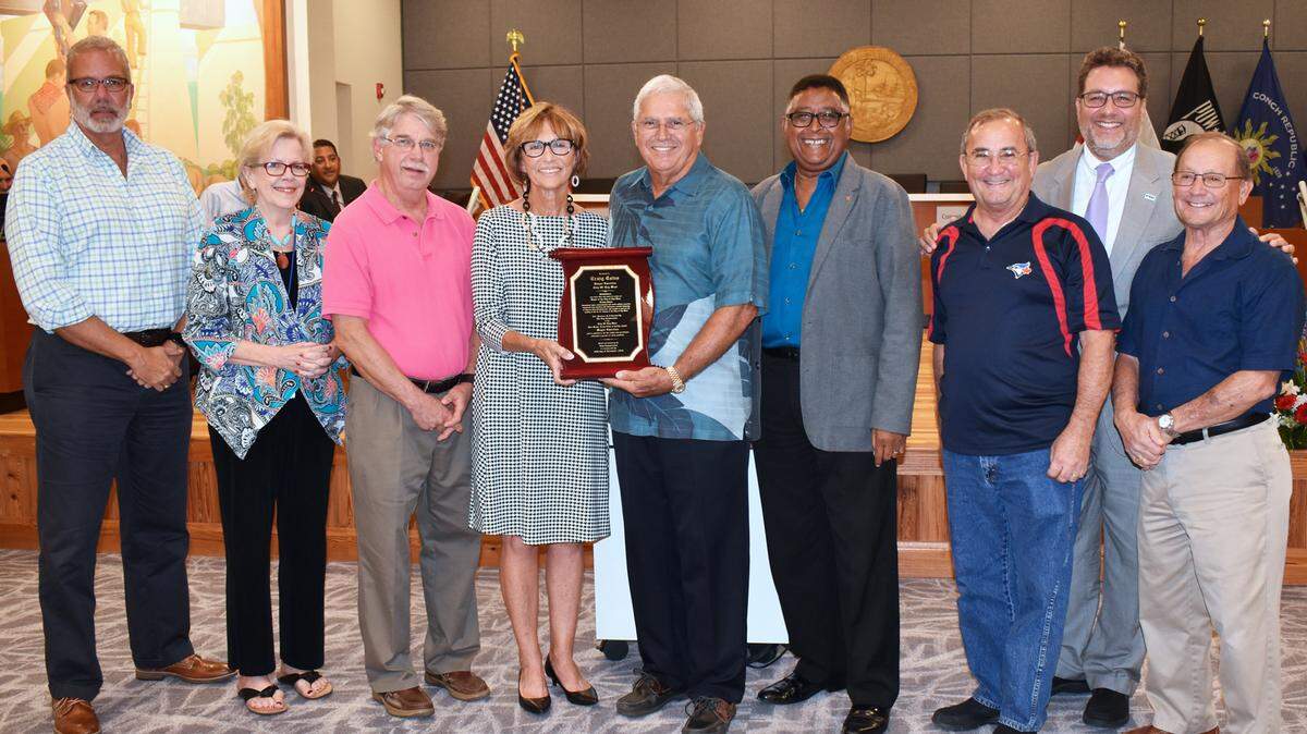 City leaders honored outgoing Mayor Craig Cates on Tuesday, Nov. 20, 2018. Pictured are Key West City Commissioners Greg Davila, Mary Lou Hoover and Jimmy Weekley, Mayor Teri Johnston, Mayor Emeritus Craig Cates, Commissioners Clayton Lopez and Billy Wardlow, Vice Mayor Sam Kaufman, and Mayor Emeritus Dennis Wardlow.