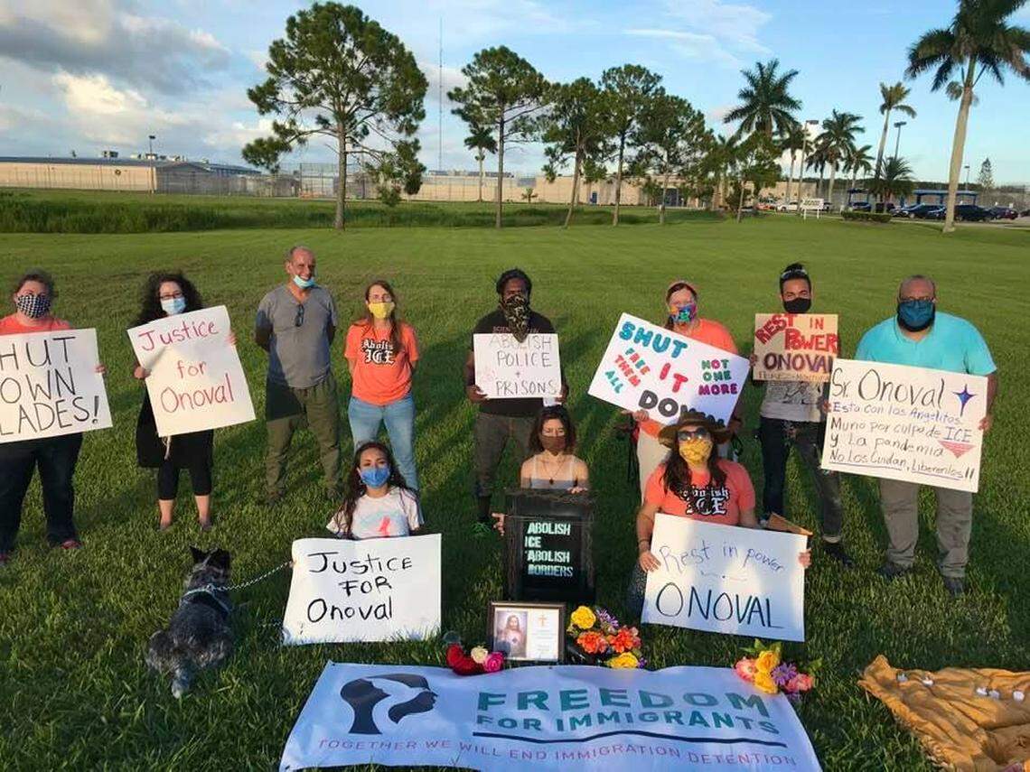 Immigration advocates during a July 18 vigil for Onoval Perez-Montufar, who died in ICE custody on July 11.