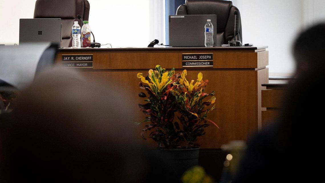 The vacant seat of Michael Joseph sits during a city commission meeting on Tuesday, May 16, 2023, at North Miami Beach City Hall. The meeting was held to determine if Michael Joseph vacated his seat when he violated the city’s meeting attendance in the charter.