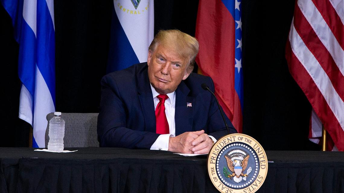 U.S President Donald J. Trump listens as Venezuelan and Cuban exiles talk about the situation in their countries under Socialist regimes during a meeting at Iglesia Doral Worship center Church in Doral after he visited he U.S. Southern Command, on Friday, July 10, 2020.