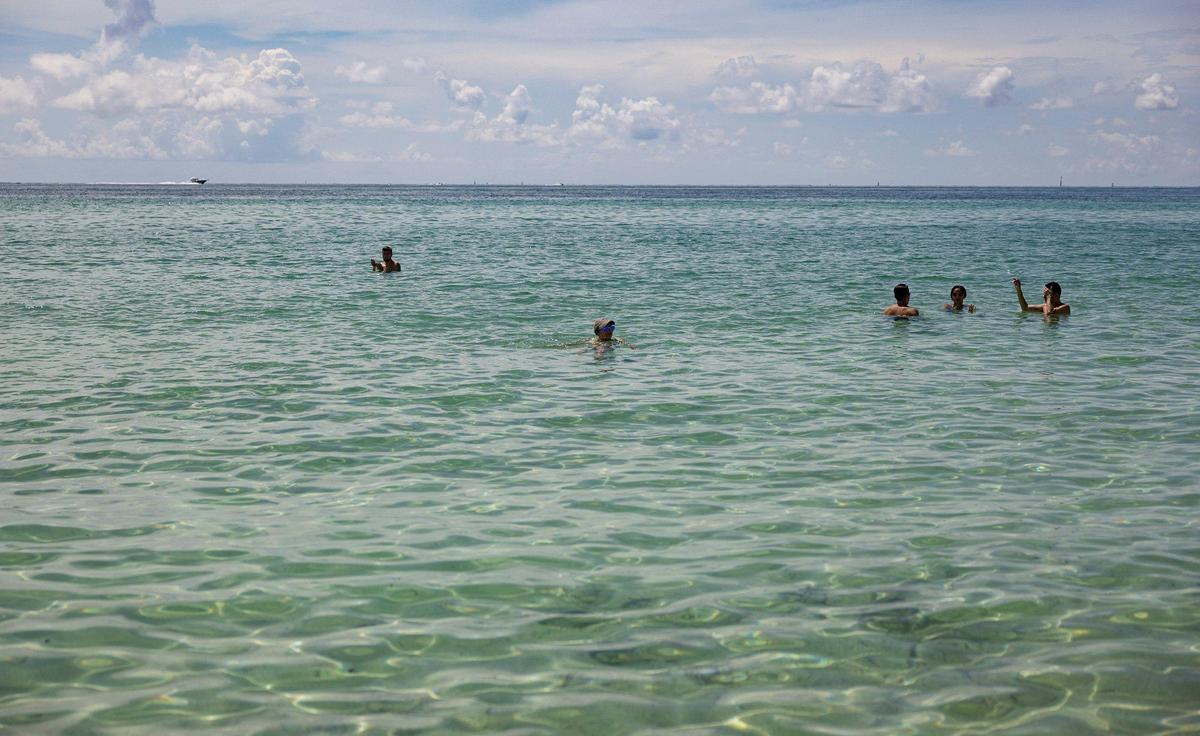 People enjoy the sargassum free beach on Monday, July 3, 2023, in Miami Beach.