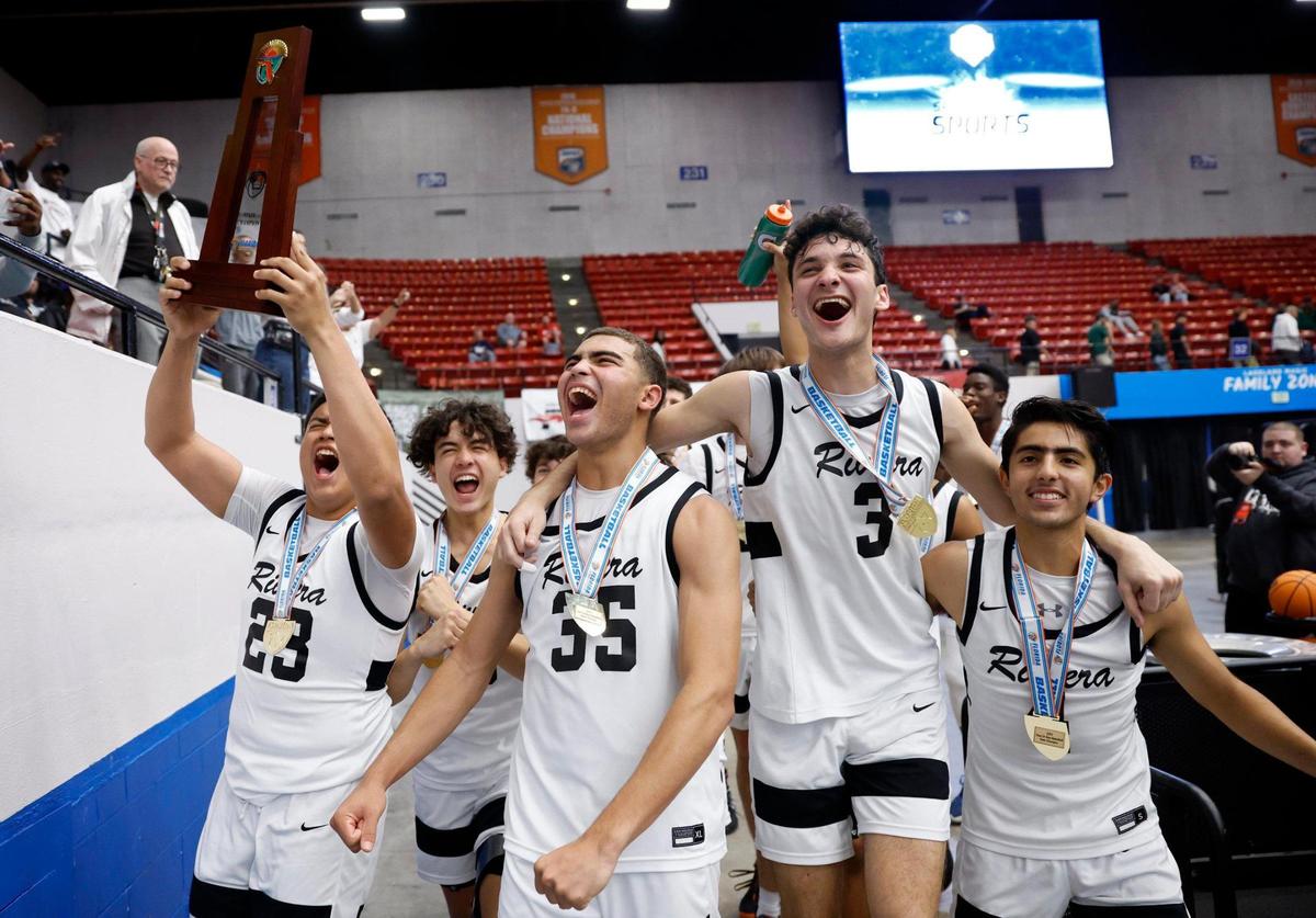 Riviera Prep’s Fernando Romero (23) Dante Allen (35) Cooper Josefsberg (3) and Emi Moreno (4) celebrate after defeating Windermere Prep during the FHSAA Class 3A State Championship at the RP Funding Center in Lakeland, Florida on Saturday, March 4, 2023.