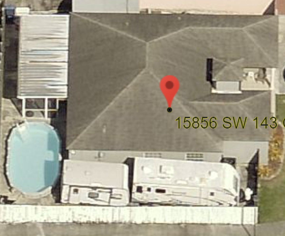 An overhead view of the north side of 15856 SW 143rd Ct. on Feb. 6, 2017. There’s no side door near the front of the house.