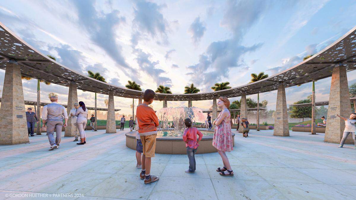 Artist Gordon Huether’s design honoring the victims of the Marjory Stoneman Douglas High School shooting features a central fountain.
