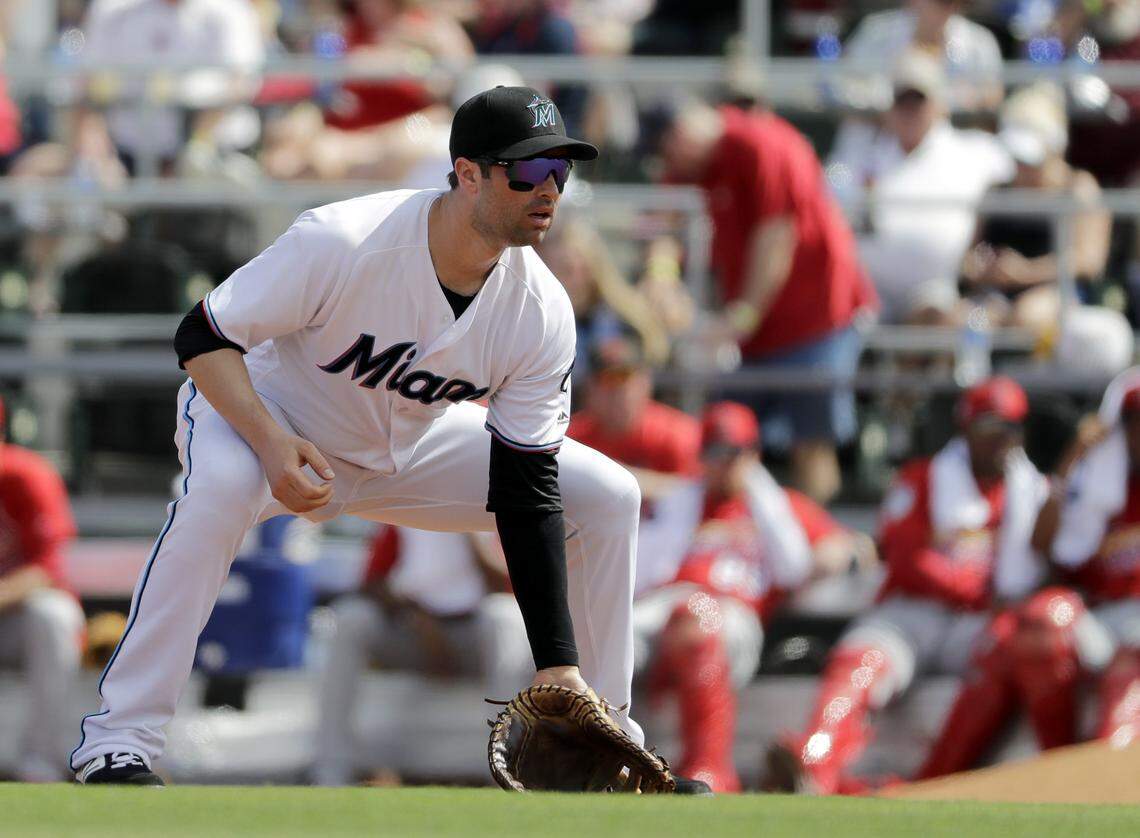 Miami Marlins first baseman Neil Walker takes up his position during the second inning of an exhibition spring training baseball game against the St. Louis Cardinals Saturday, Feb. 23, 2019, in Jupiter, Fla. (AP Photo/Jeff Roberson)