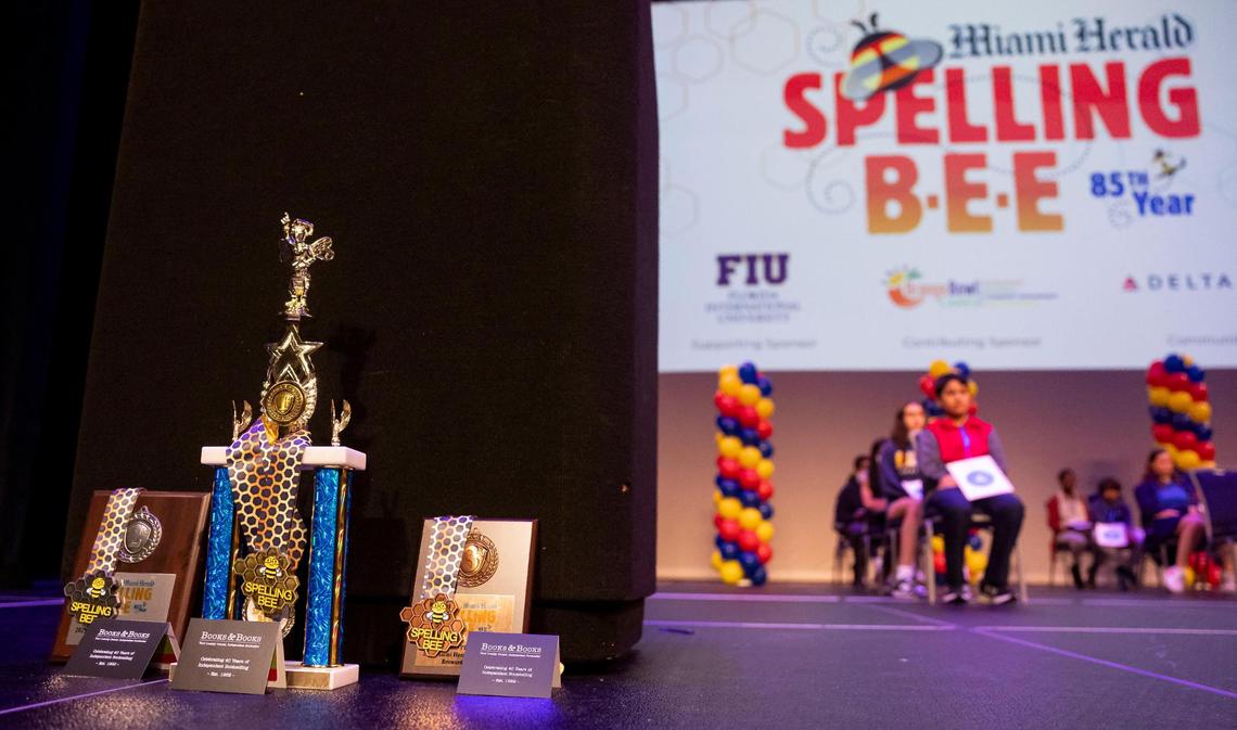 The trophy and awards that await the winners of the 85th Miami Herald Spelling Bee at the Charles F. Dodge City Center.