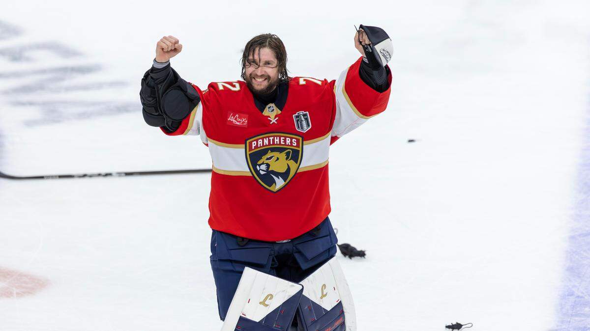 Florida Panthers goaltender Sergei Bobrovsky (72) greets fans after a 5-1 win over the Edmonton Oilers in Game 6 of the Stanley Cup Final at Amerant Bank Arena on Tuesday, June 17, 2025, in Sunrise, Fla., securing the NHL championship.