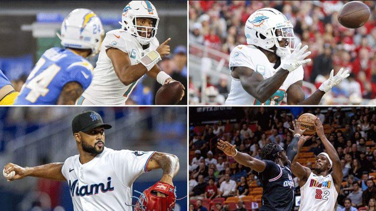 Miami Dolphins quarterback Tua Tagovailoa (clockwise from top left), wide receiver Tyreek Hill, Miami Heat forward Jimmy Butler and Miami Marlins pitcher Sandy Alcantara.