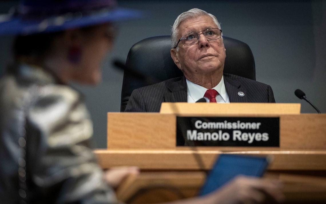 Miami City Commissioner Manolo Reyes listens to a speaker during the public comment portion of the City Commission meeting on May 23, 2024.