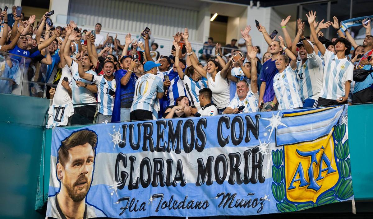Fans cheer before the start of an international friendly soccer match between Argentina and Honduras at Hard Rock Stadium on Friday, Sept. 23, 2022, in Miami Gardens, Fla.