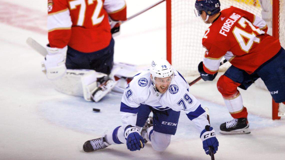 Tampa Bay Lightning center Ross Colton (79) celebrates after scoring the winning goal against the Florida Panthers goaltender Sergei Bobrovsky (72) during the third period of Game 2 of a second round NHL Stanley Cup series at FLA Live Arena on Thursday, May 19, 2022 in Sunrise, Fl.