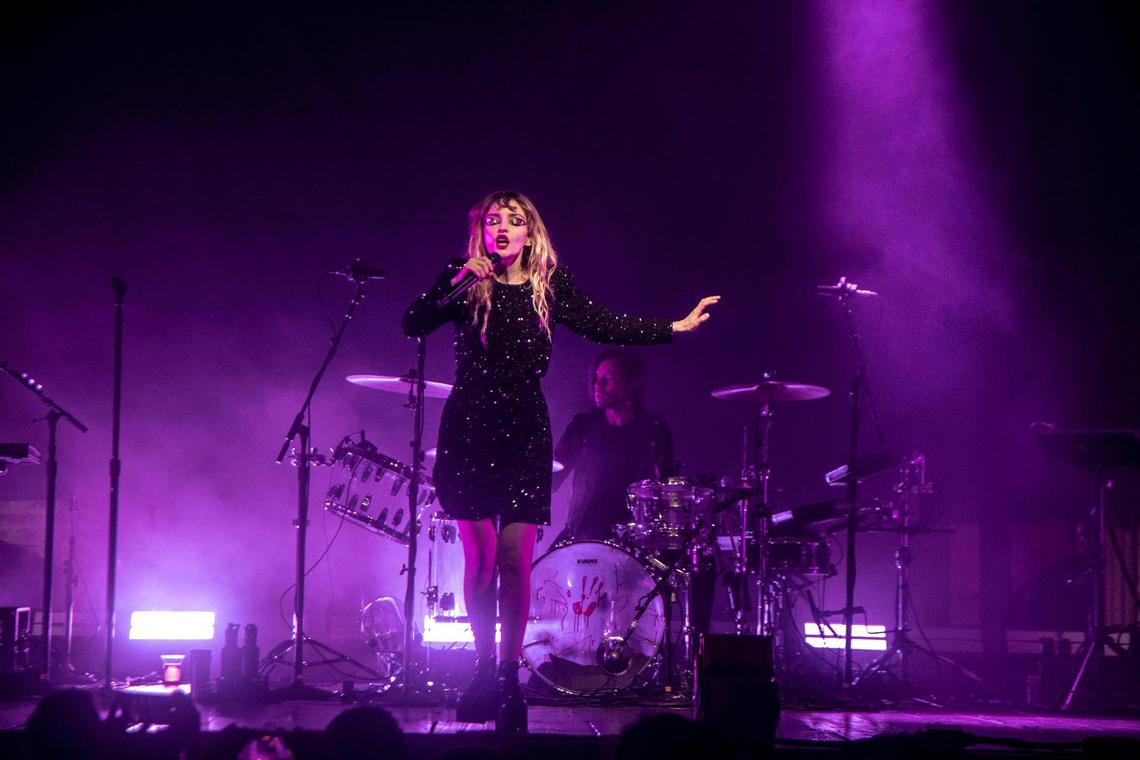 Lauren Mayberry, vocalist and percussionist of the Scottish synth-pop band, Chvrches, during a performance at the Revolution Live music club in Fort Lauderdale on Wednesday, May 31, 2022.