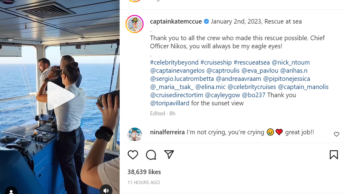 An Instagram account for Captain Kate McCue of Celebrity Cruises shows the ship turning around to rescue a tiny boat packed with people on Jan. 2, 2022.