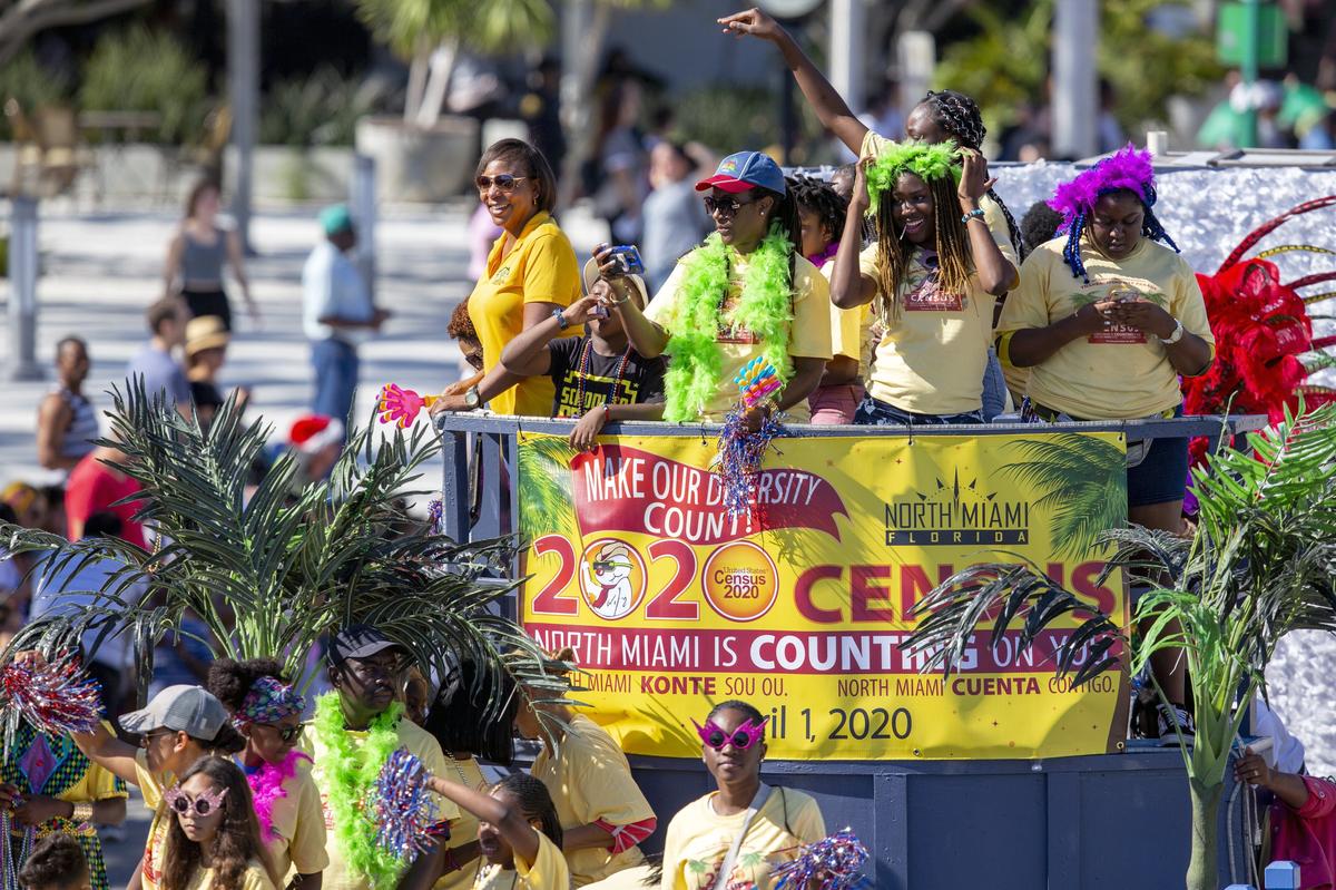 The United States Census 2020 float rides by during the 45th Annual Winternational Thanksgiving Day Parade in front of North Miami City Hall in North Miami, Florida on Thursday, November 28, 2019.