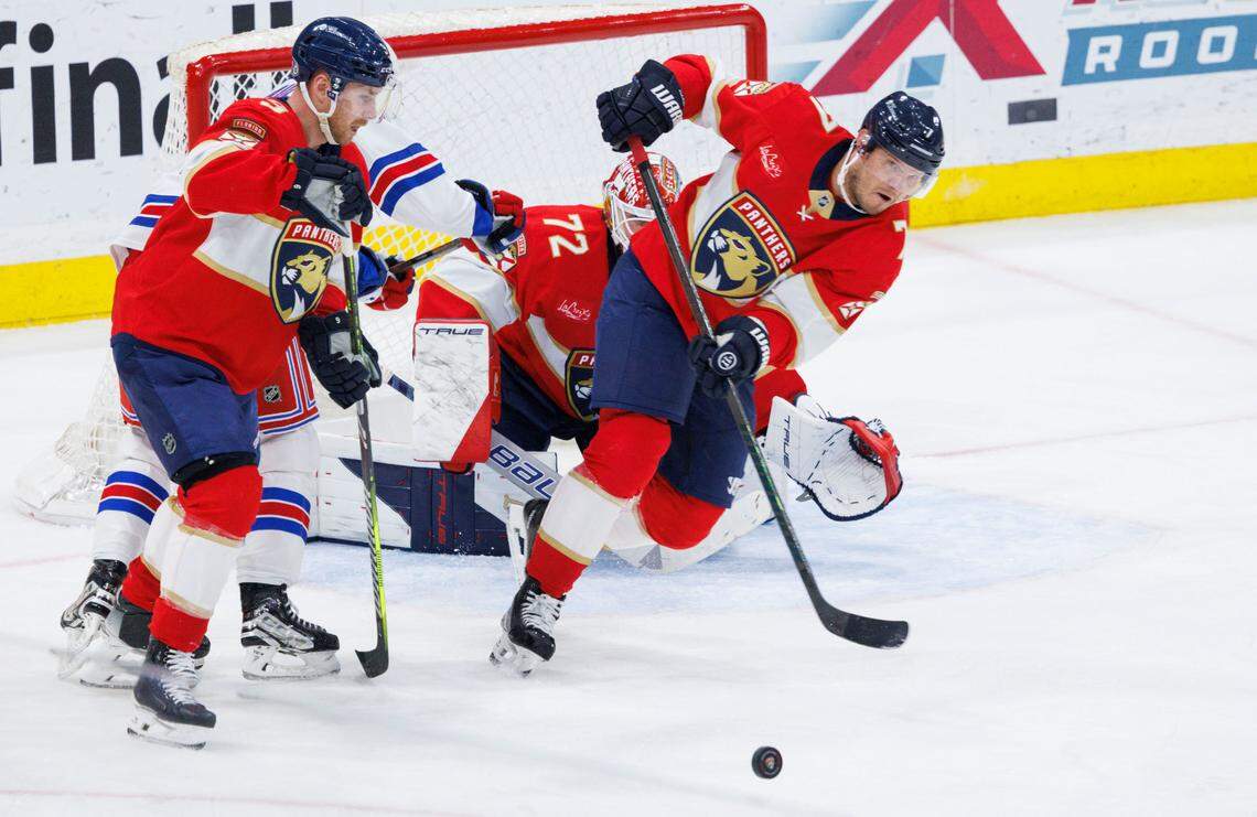 Florida Panthers defenseman Dmitry Kulikov (7) defends the goal during the second period of a game against the New York Rangers on Monday, April 14, 2025, at Amerant Bank Arena in Sunrise, Fla.