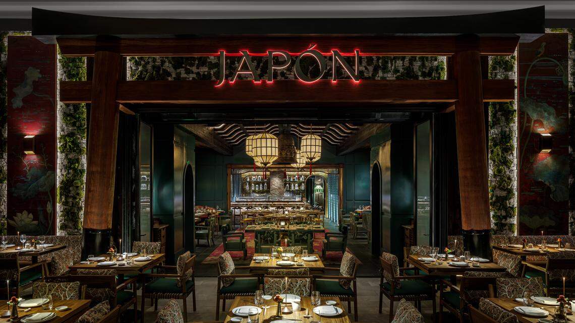 The Japanese Torii gate in the courtyard of the glamorous new restaurant Japón at The Setai Miami Beach. Torii gates are often found at the entrance or inside Shinto temples.