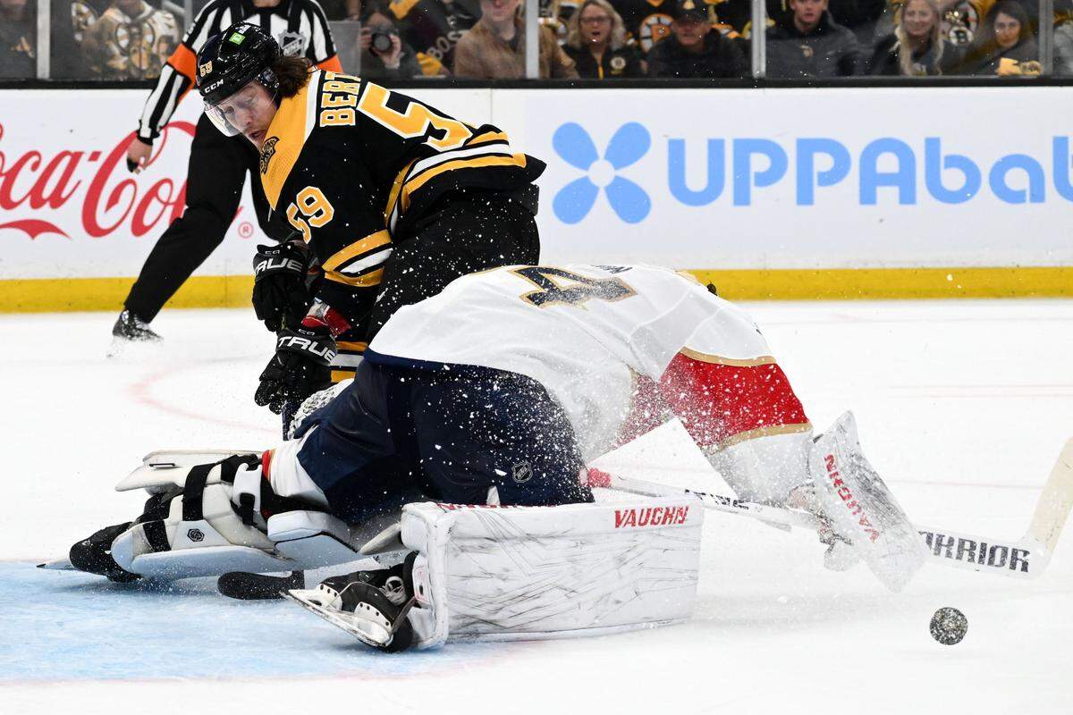 Apr 17, 2023; Boston, Massachusetts, USA; Florida Panthers goaltender Alex Lyon (34) makes a save on a shot from Boston Bruins left wing Tyler Bertuzzi (59) during the first period of game one of the first round of the 2023 Stanley Cup Playoffs at TD Garden. Mandatory Credit: Brian Fluharty-USA TODAY Sports