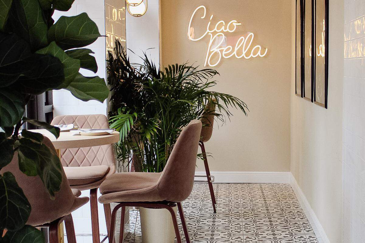 A quiet corner of Little Niko pizzeria and Italian restaurant in Miami Beach.