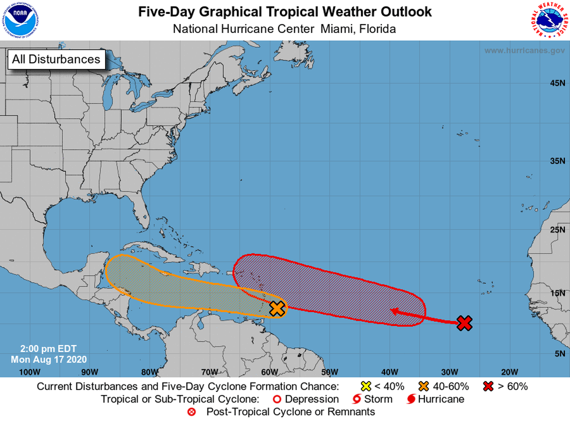 Forecasters said two tropical waves might “interact” with each other to power one of them up into a tropical depression later this week.
