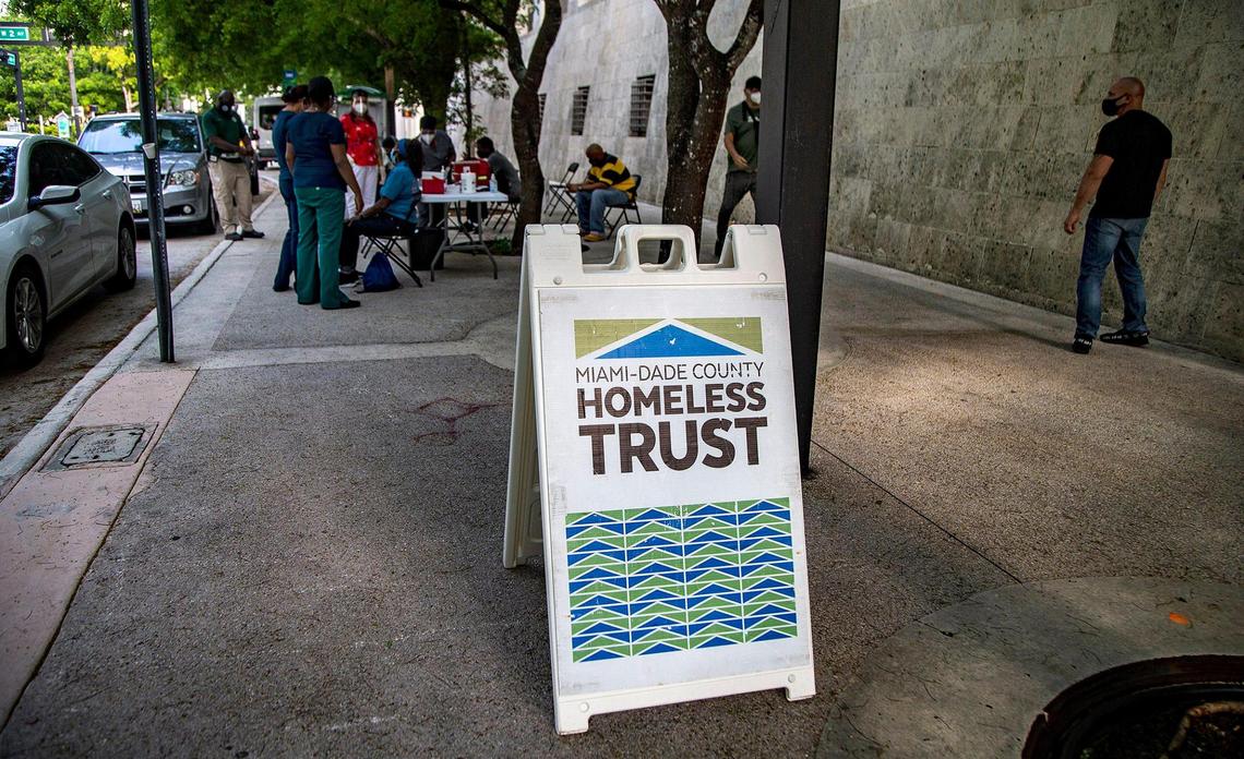 Medical staff vaccinate the homeless population living in downtown Miami at a post set up on Flagler Street with the (J&J/Janssen) COVID-19 vaccine on Tuesday, May 25, 2021.