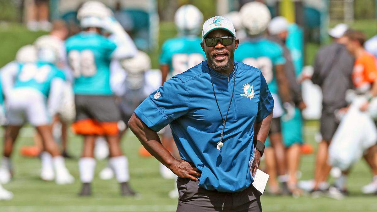 Miami Dolphins coach Brian Flores on the field during practice at Baptist Health Training Complex in Miami Gardens on Saturday, July 31, 2021.
