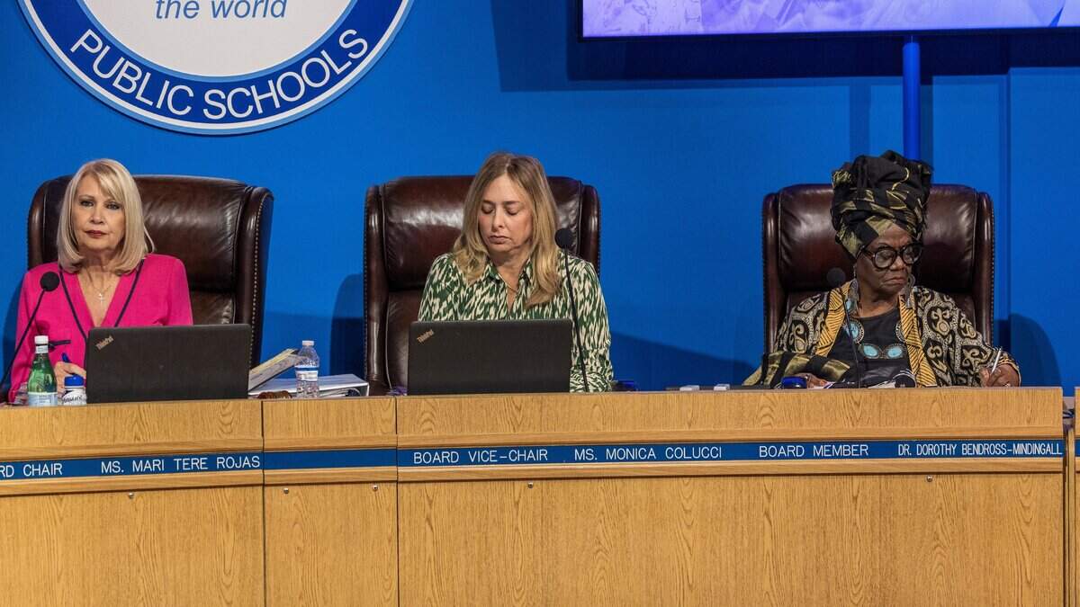 From left- Chairwoman Mari Tere Rojas and members of the Miami-Dade County School Board Vice Chair Monica Colucci and Dorothy Bendross-Mindingall, during a meeting, in Miami, Florida, on Wednesday March 19, 2025.
