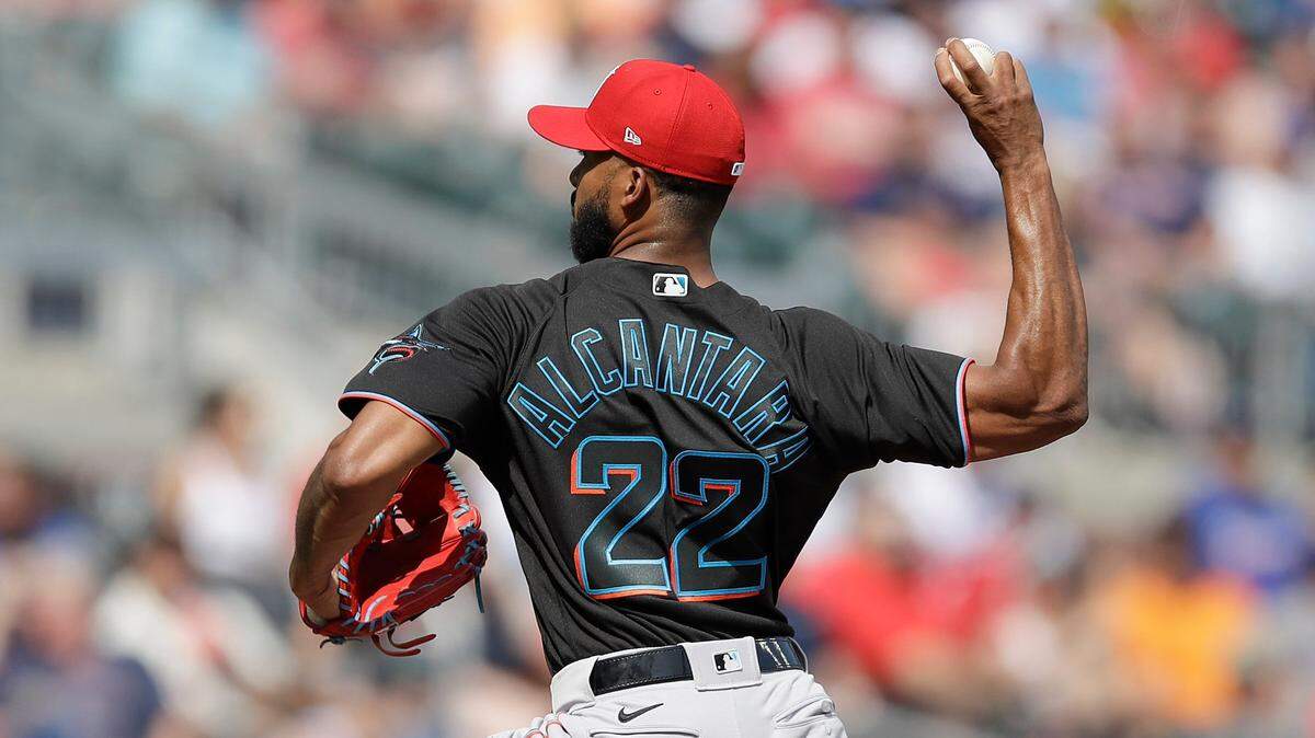 Miami Marlins pitcher Sandy Alcantara works against the Atlanta Braves in the first inning of a baseball game Saturday, July 3, 2021, in Atlanta. (AP Photo/Ben Margot)