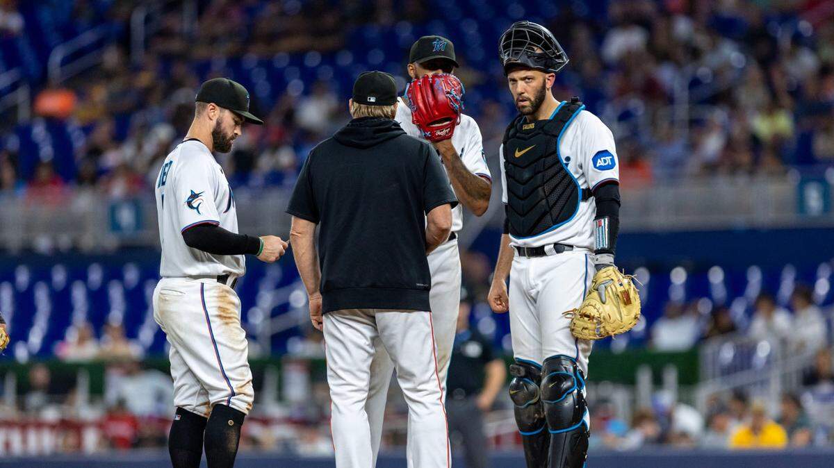 Miami Marlins pitcher Sandy Alcantara (22) reacts to a mound visit during an MLB game against the San Diego Padres at loanDepot park in the Little Havana neighborhood of Miami, Florida, on Tuesday, May 30, 2023.