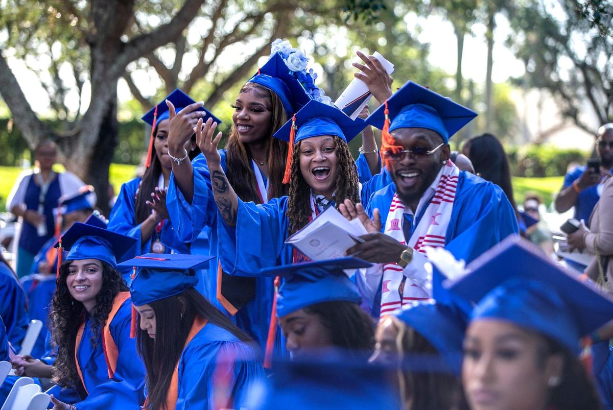 Students celebrate during the Spring 2022 Commencement ceremony at Florida Memorial University in Miami Gardens, on Saturday May 14, 2022.