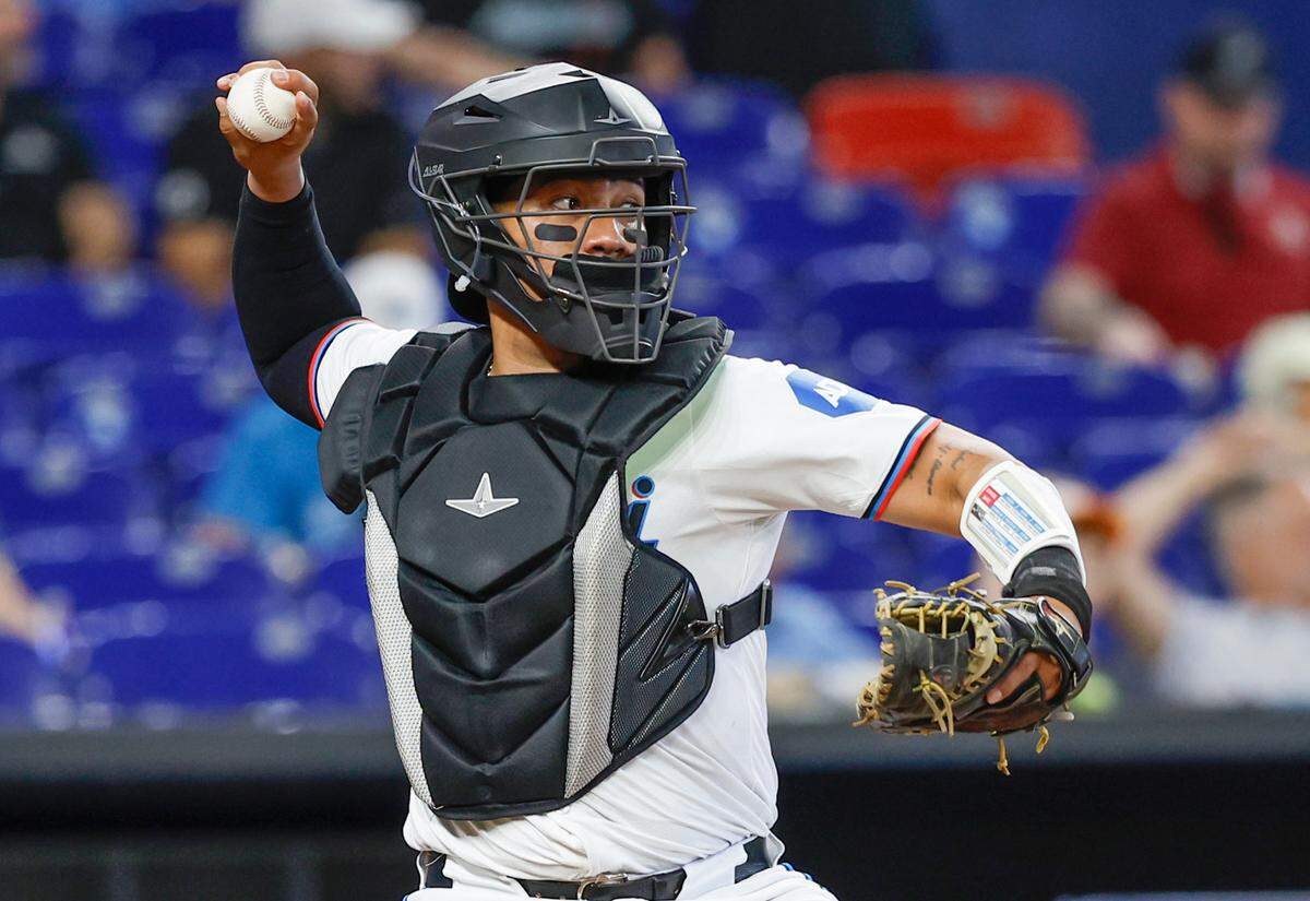 Former Miami Marlins catcher Jhonny Pereda (89), now on the Athletics makes his Major League Baseball debut against the San Francisco Giants at loanDepot park in Miami on April 17, 2024.