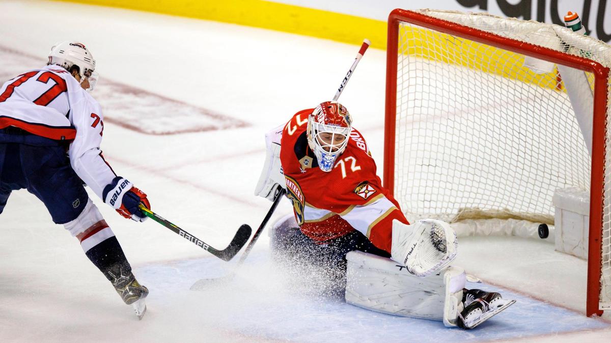 Washington Capitals right wing T.J. Oshie (77) scores the go ahead goal against Florida Panthers goaltender Sergei Bobrovsky (72) during the third period of Game 1 of a first round NHL Stanley Cup series at FLA Live Arena on Tuesday, May 3, 2022 in Sunrise, Fl.