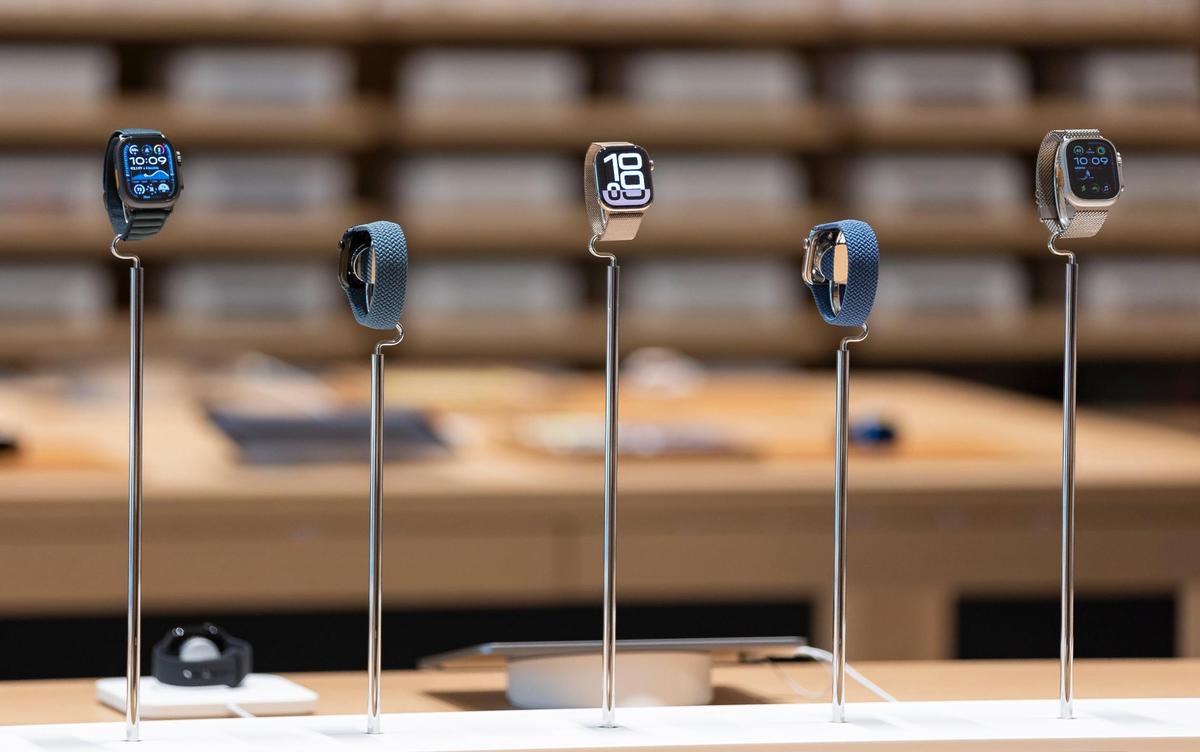 Apple Watches are on display inside the new Apple Miami Worldcenter store during a media preview on Wednesday, Jan. 22, 2025, in downtown Miami, Fla. Apple is set to open its newest store in downtown Miami on Friday, featuring a dedicated pickup area and a biophilic garden.