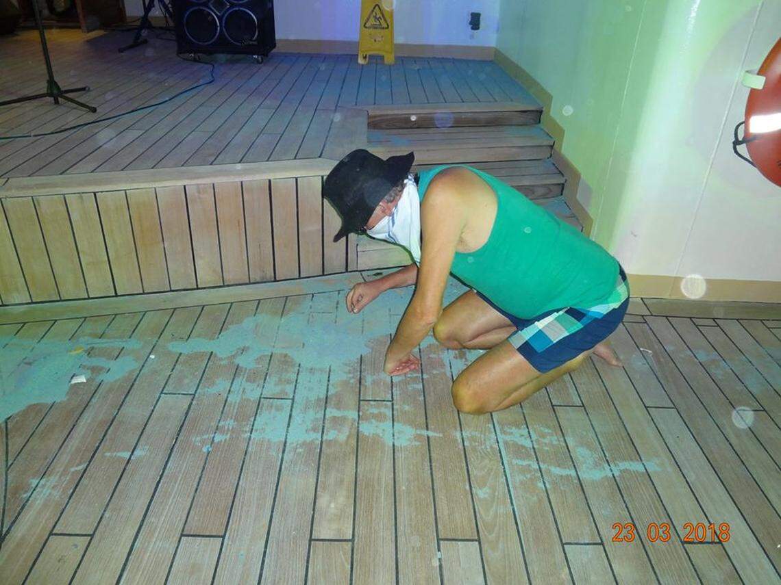 Dust from rubberized floor material on deck 12 of the Norwegian Sun, which was being removed by crews, rained on passengers on decks below.