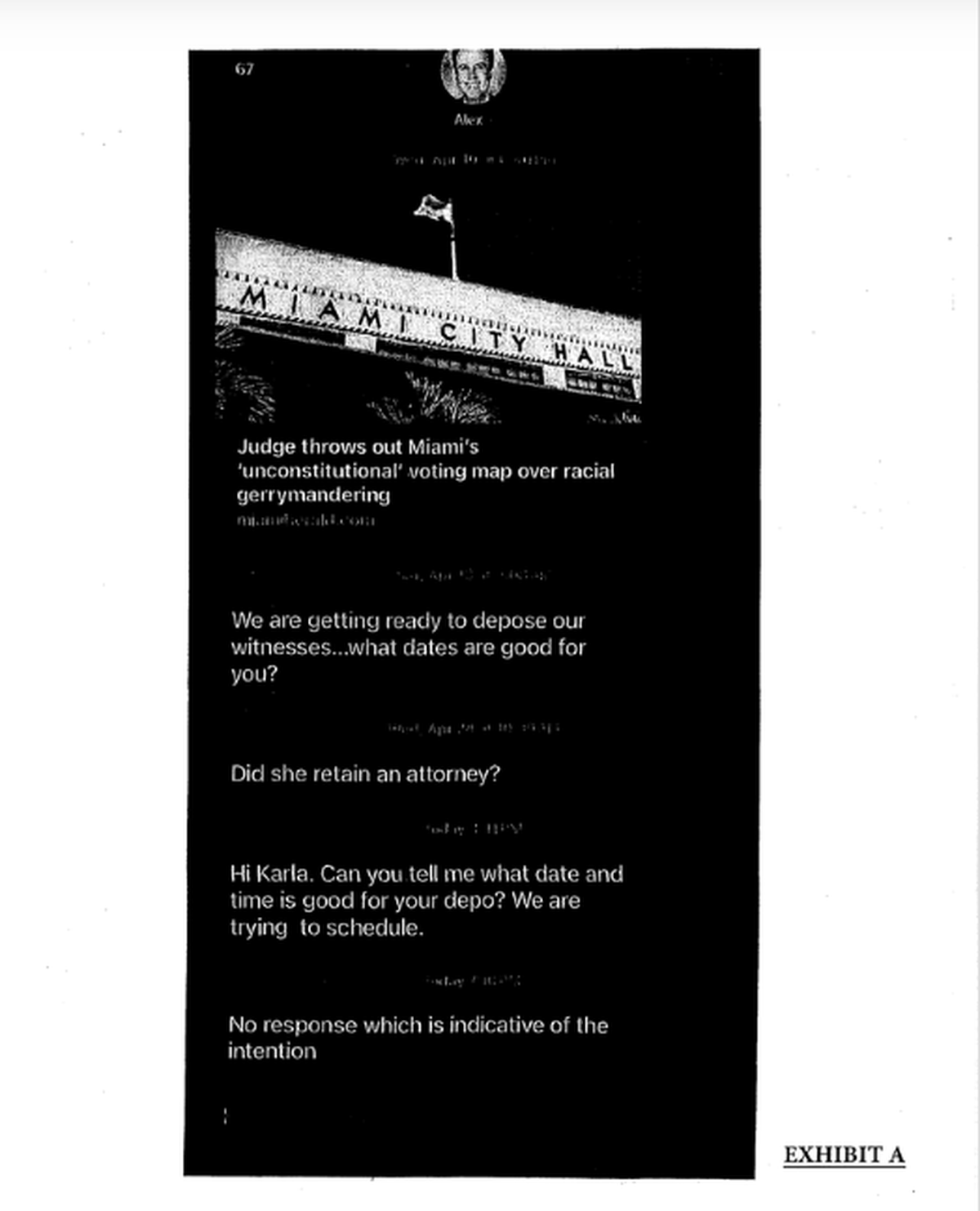 A screenshot of text messages Alex Díaz de la Portilla allegedly sent to his former chief of staff, Karla Fortuny.