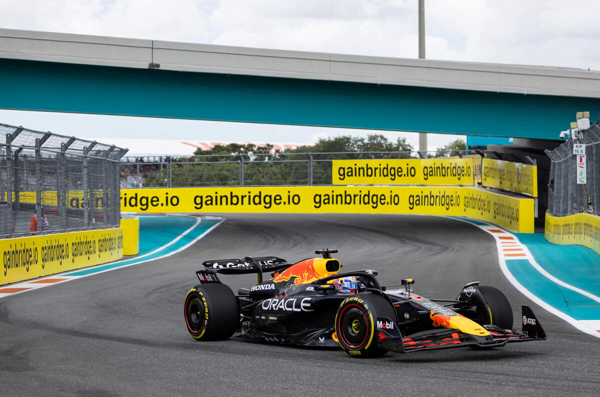 Red Bull Racing driver Max Verstappen of Netherlands takes a turn during a practice session on the first day of the Formula One Miami Grand Prix at the Miami International Autodrome on Friday, May 2, 2025, in Miami Gardens, Fla.