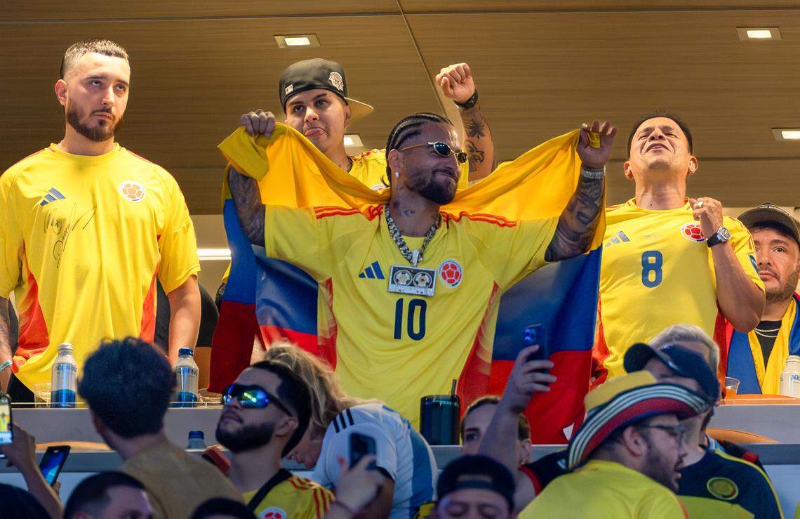 Colombian rapper J Balvin show his support before the start of the Copa America 2024 Final soccer match against Argentina at Hard Rock Stadium on Sunday, July 14, 2024, in Miami Gardens, Fla.
