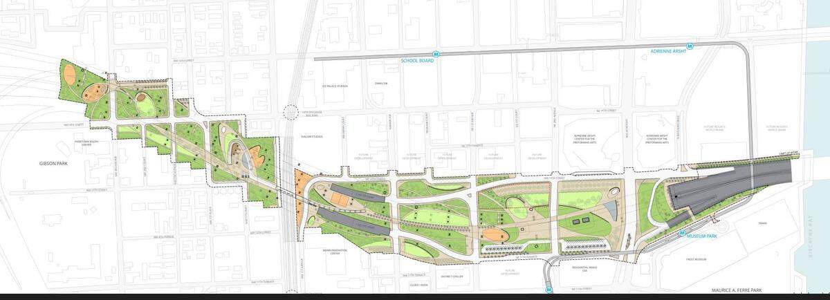 A rendering of a map showing The Underdeck below I-395 from above